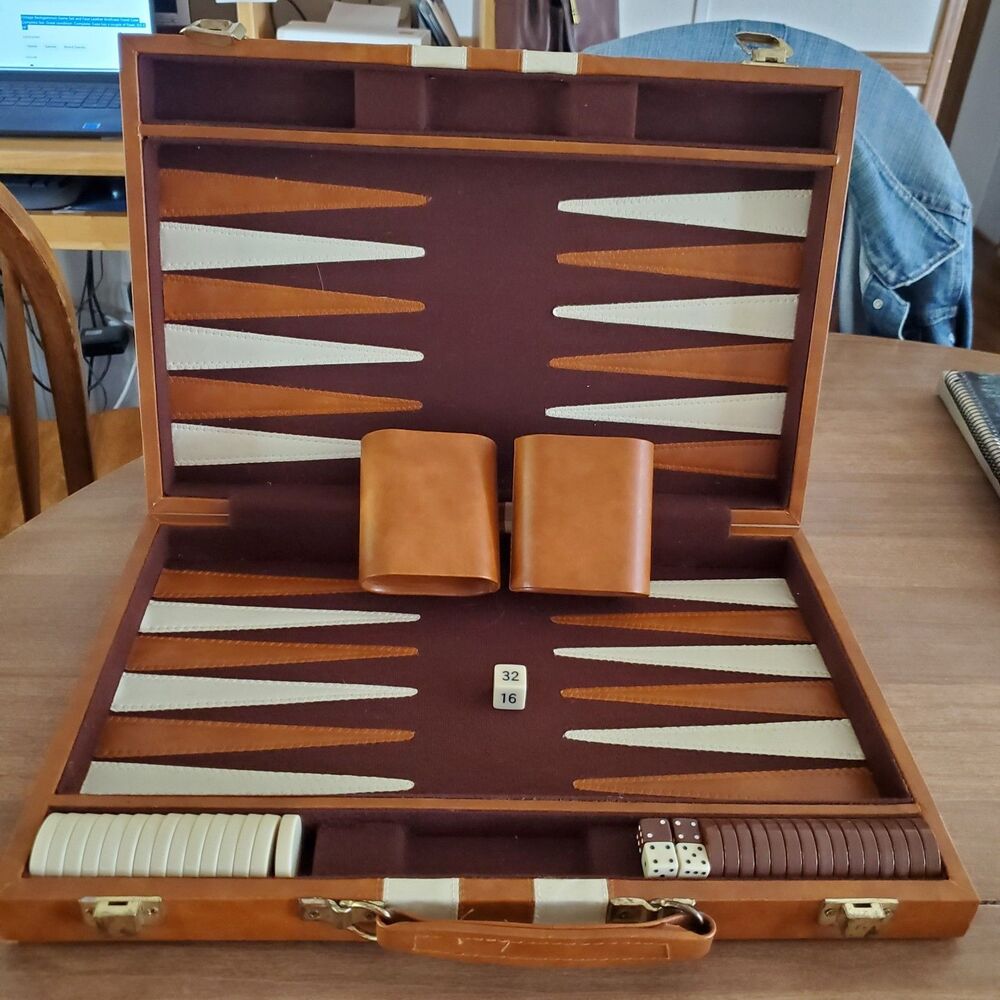 Vintage Backgammon Game Set and Faux Leather Briefcase Travel Case Complete Set